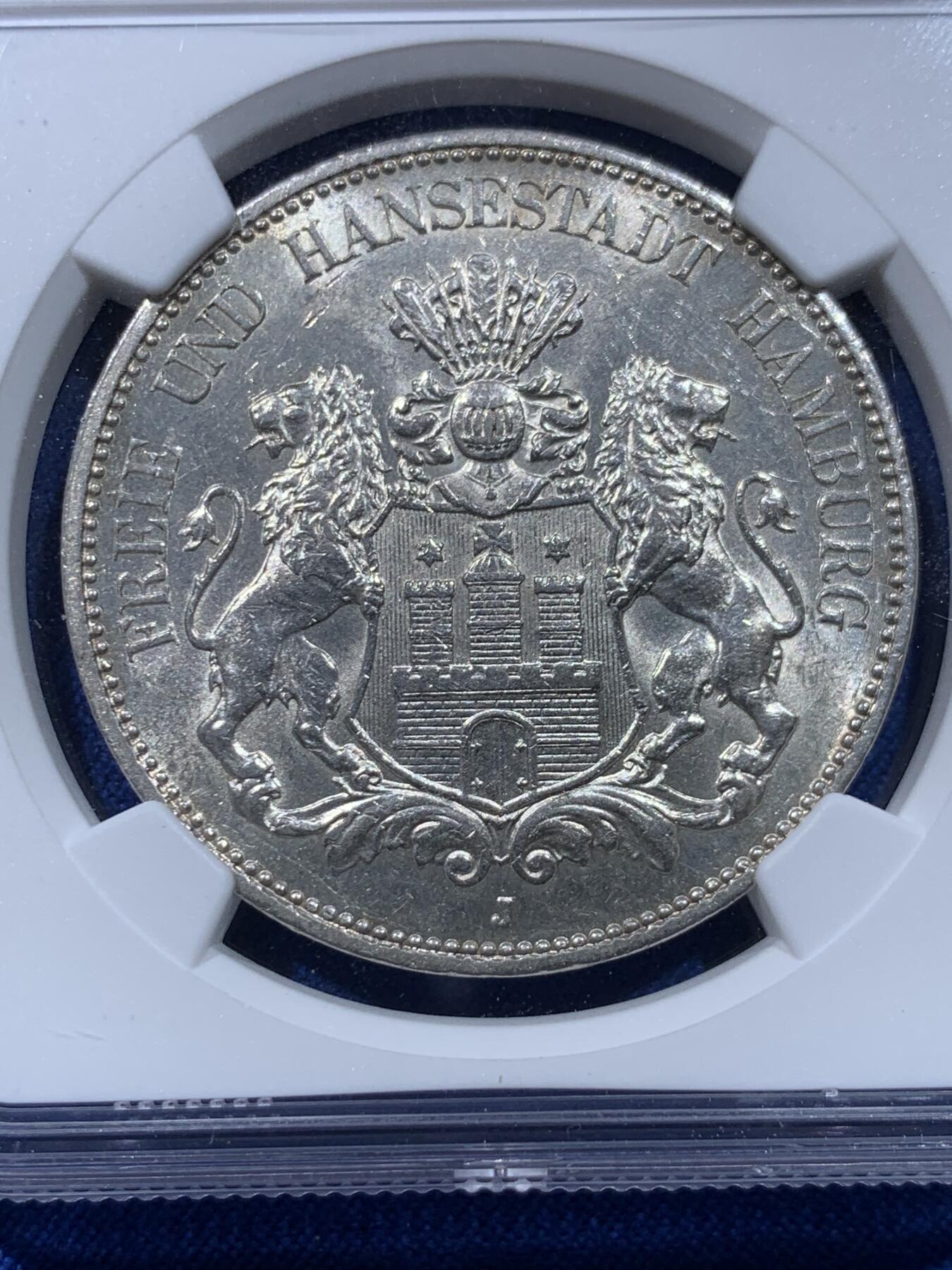 《竞宝斋》第437场 周日，周一2场连拍 （全场包邮） NGC MS62 德国 1913年 汉堡 5马克大银币 状态极佳