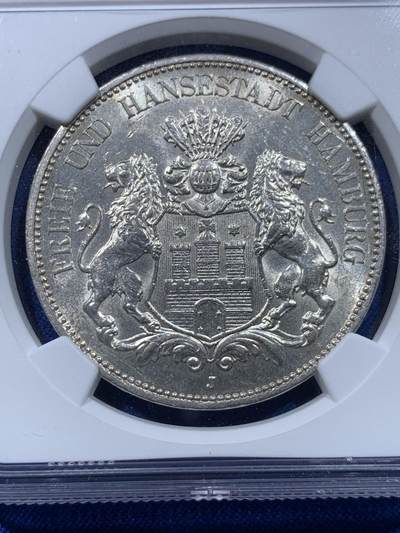 《竞宝斋》第437场 周日，周一2场连拍 （全场包邮） NGC MS62 德国 1913年 汉堡 5马克大银币 状态极佳