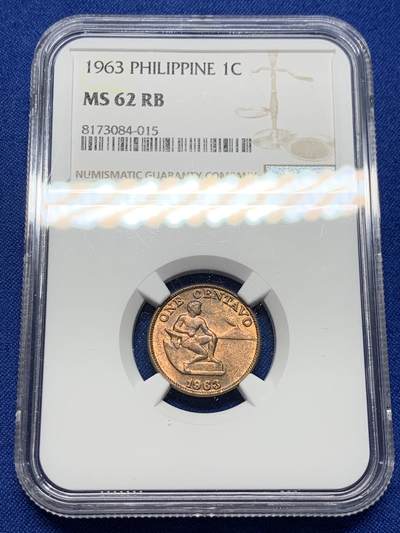 《竞宝斋》第437场 周日，周一2场连拍 （全场包邮） - NGC MS62RB 菲律宾 1963年 1分 铜币 红光具在