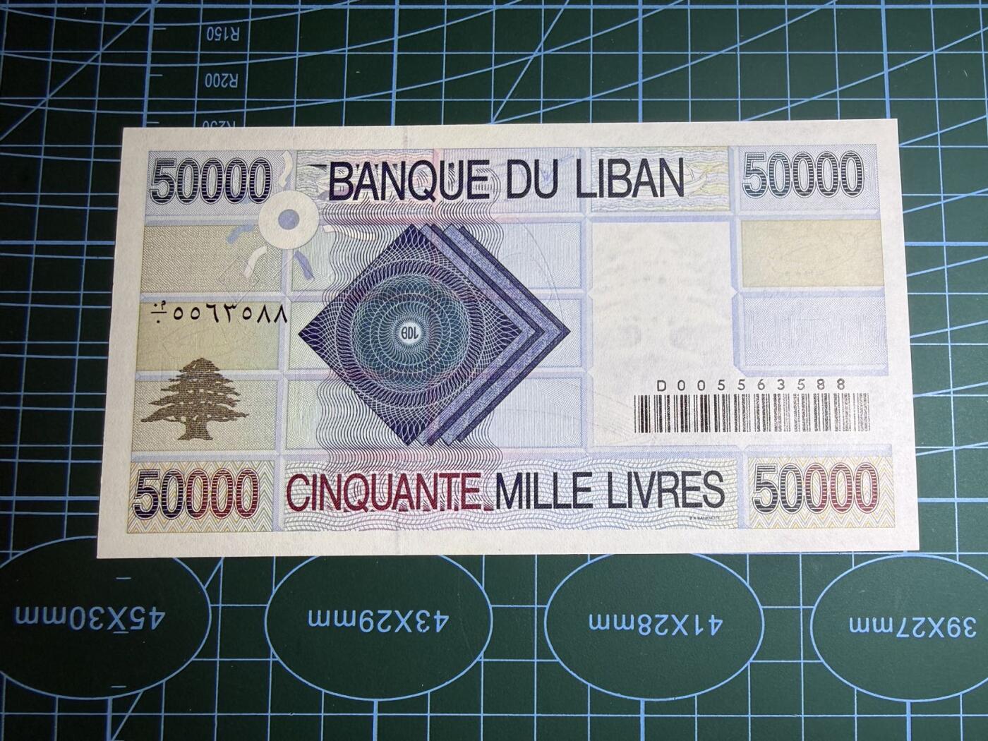 【炜奕收藏】，第五十期 1994年黎巴嫩5万里弗，UNC品相，首发年号码无47双尾88大票幅