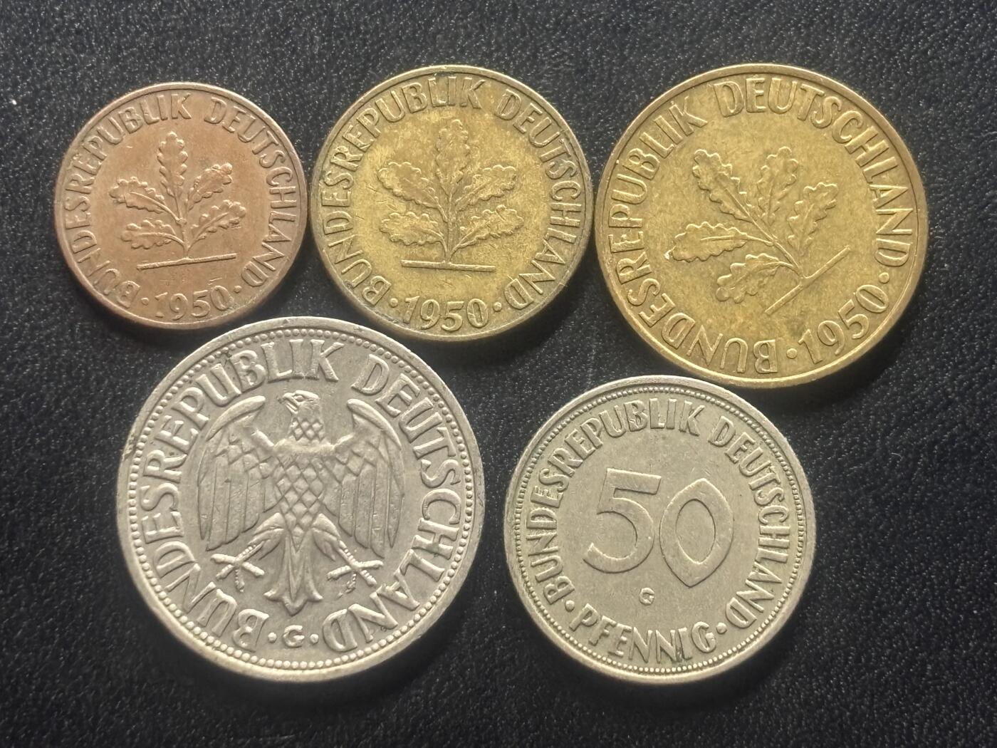 邮泉阁限时拍卖第三十五场 德国硬币专场（硬币在国外。请付邮费6元。） 西德（联邦德国）1950年G版5枚