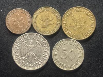 邮泉阁限时拍卖第三十五场 德国硬币专场（硬币在国外。请付邮费6元。） 西德（联邦德国）1950年G版5枚