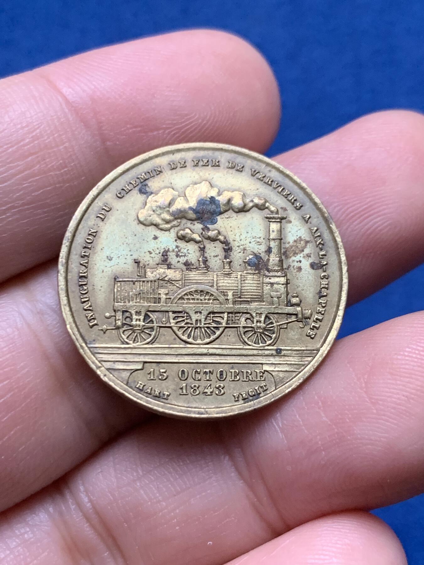 《竞宝斋》第437场 周日，周一2场连拍 （全场包邮） 三枚一组 1843年纪念10月15日维尔维耶至亚琛铁路线开通铜质奖章 背面图案为普鲁士与比利时纹章 总重约20.75克