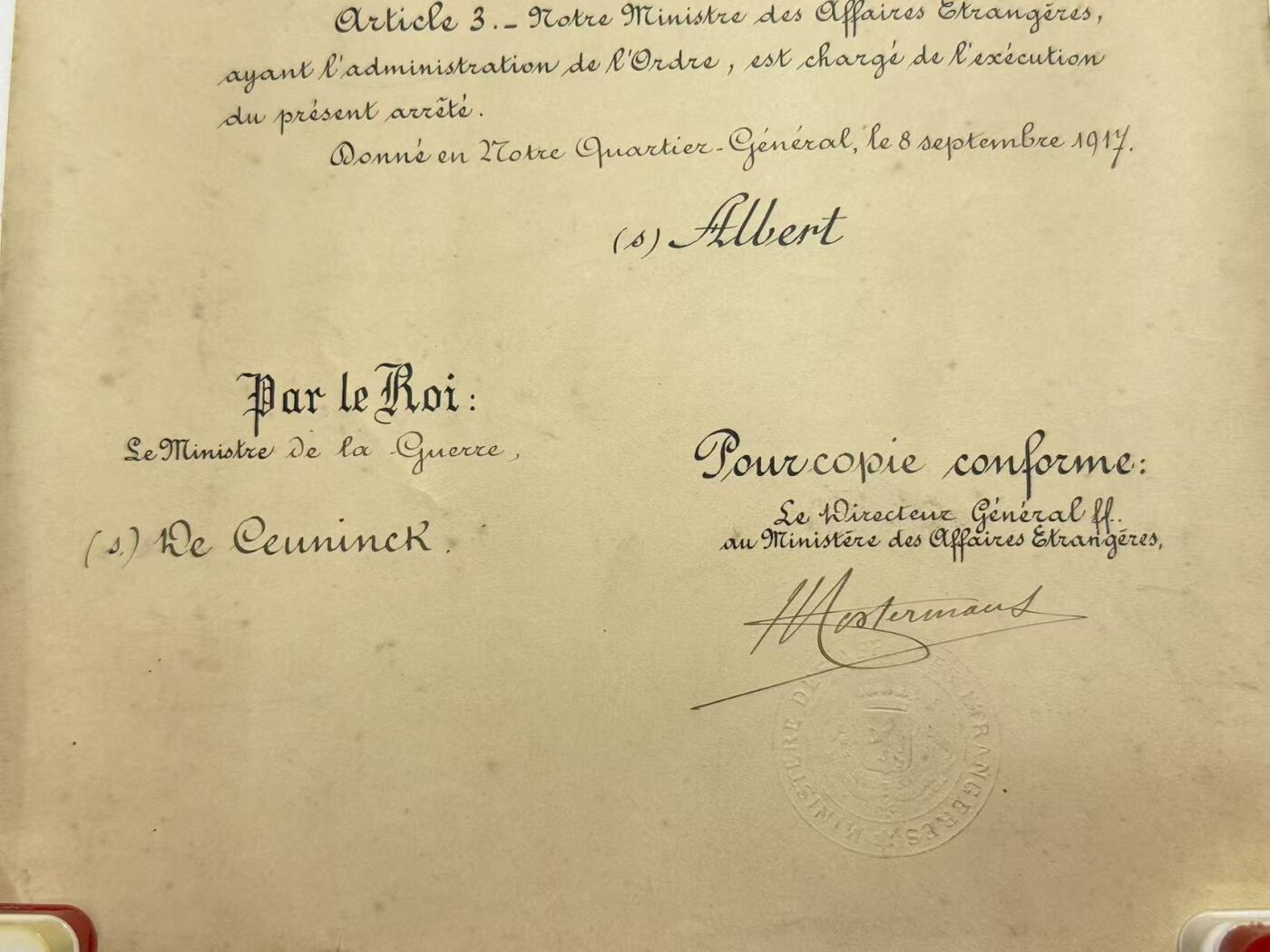 韵星假日精品2025秋季军品类拍卖会-- Rimey Holidays Boutique 2025 Autumn Militaria Sale 比利时阿尔贝一世国王授予英国皇家海军军官奥罗科德，军官级利奥波德勋章的证书