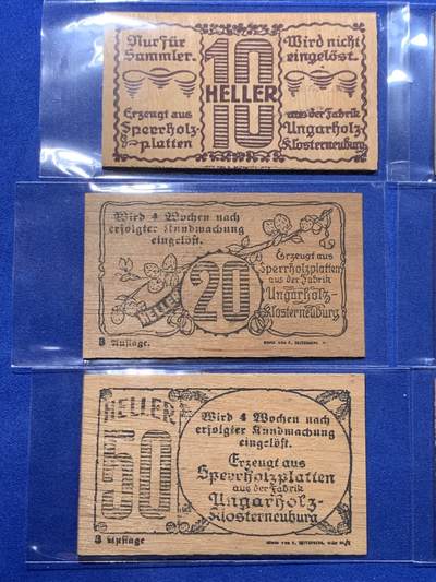 《竞宝斋》第437场 周日，周一2场连拍 （全场包邮） 奥地利Hadersfeld哈德斯菲尔德，1920年10-20-50赫勒 木质紧急状态币 两个不同版本共6枚，正面红色较鲜艳为少字版，比较淡雅的为多字版，成套不易。年代久远，木头不易保存，如此品相的依然难得一见。