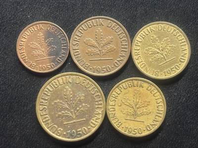 邮泉阁限时拍卖第三十五场 德国硬币专场（硬币在国外。请付邮费6元。） 西德（联邦德国）1950年J版5枚