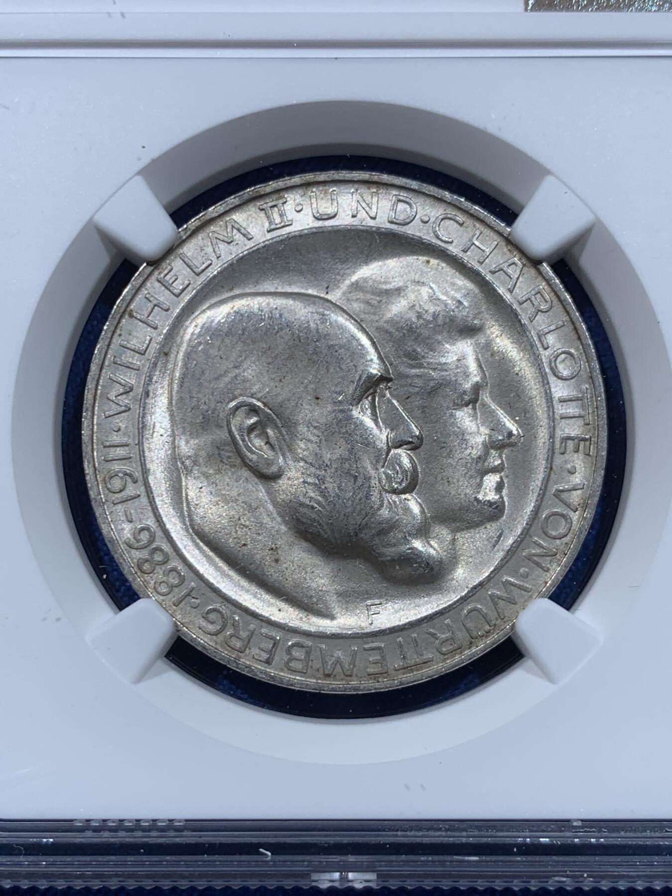 《竞宝斋》第437场 周日，周一2场连拍 （全场包邮） NGC MS64 德国符腾堡 1911年 银婚纪念 3马克