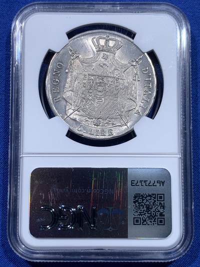 《竞宝斋》第437场 周日，周一2场连拍 （全场包邮） NGC MS63 意大利王国1811 拿破仑5里拉 拿破仑翻越阿尔卑斯山，战胜意大利，铸造的大银币 双面深打几乎没有减重痕 太不容易