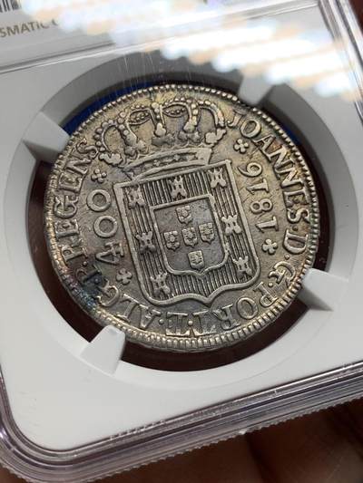 《竞宝斋》第437场 周日，周一2场连拍 （全场包邮） NGC AUD 1816葡萄牙400R，枪灰色包浆，带光明显，这个工艺深打难得