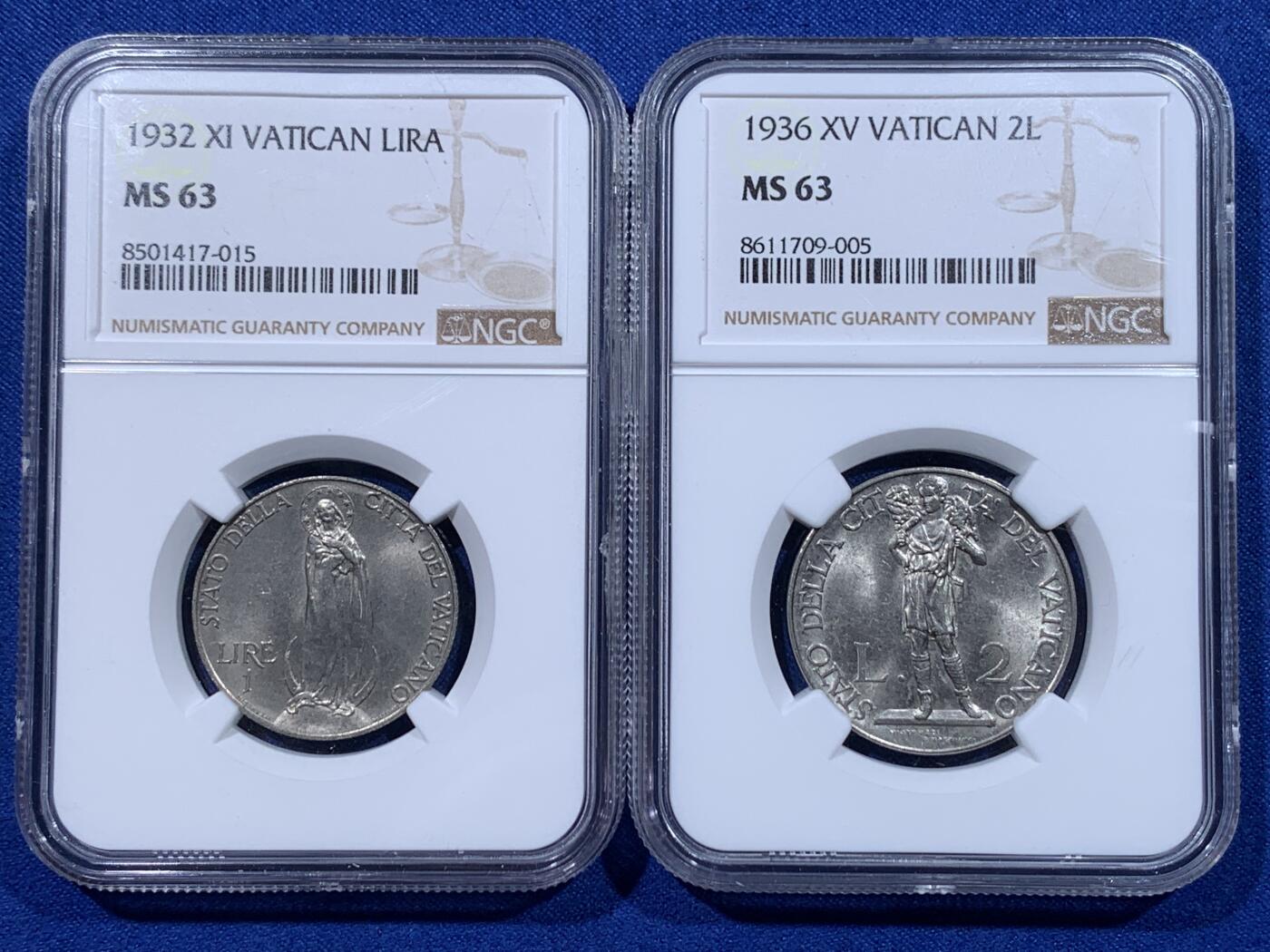 《竞宝斋》第437场 周日，周一2场连拍 （全场包邮） 两枚一组 NGC MS63 梵蒂冈 1932/36年 1里拉+2里拉镍币