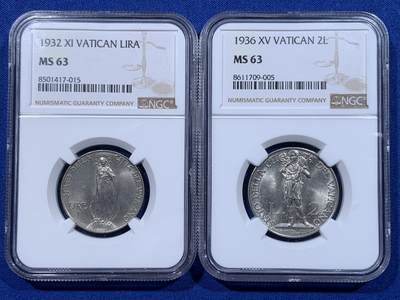 《竞宝斋》第437场 周日，周一2场连拍 （全场包邮） - 两枚一组 NGC MS63 梵蒂冈 1932/36年 1里拉+2里拉镍币