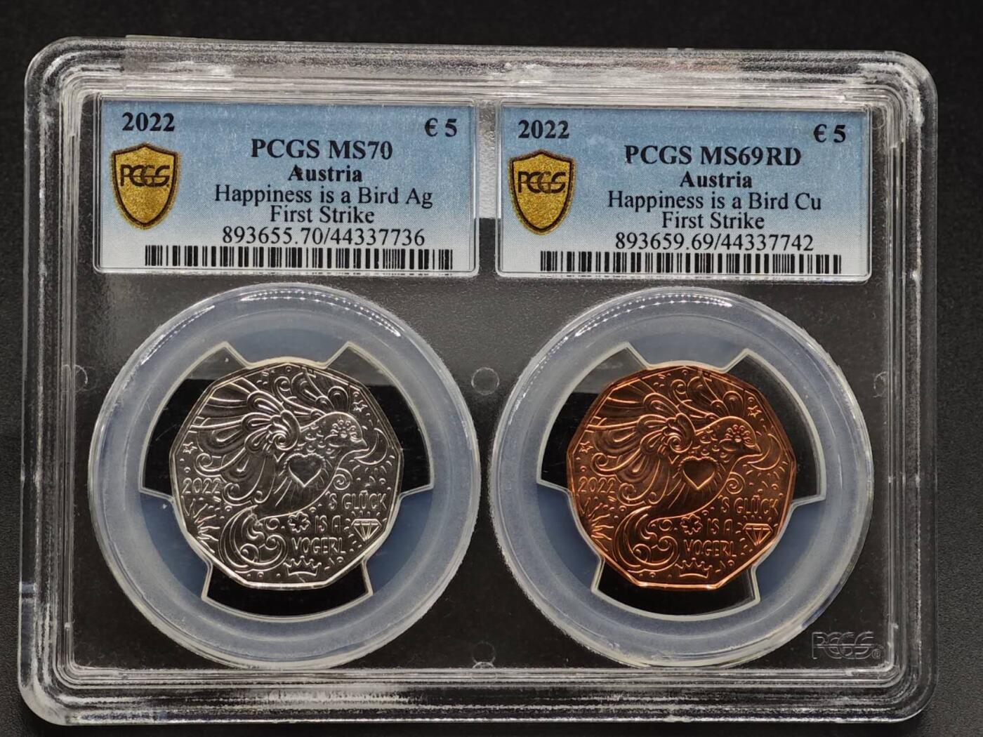 【淘币小摊】实时拍第七百九十五拍   银币套币场   满百包邮可预留二周 每周一统一发货   （少见）2022年奥地利5欧银铜币封装 新年系列-幸福是只鸟 8.41克925银 银币发行量5万 银币PCGS MS70冠军分 铜币PCGS MS69RD