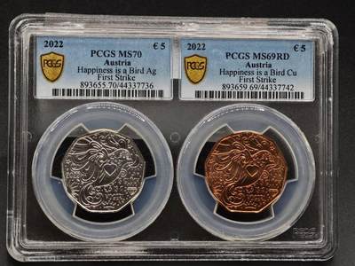 【淘币小摊】实时拍第七百九十五拍   银币套币场   满百包邮可预留二周 每周一统一发货   - （少见）2022年奥地利5欧银铜币封装 新年系列-幸福是只鸟 8.41克925银 银币发行量5万 银币PCGS MS70冠军分 铜币PCGS MS69RD