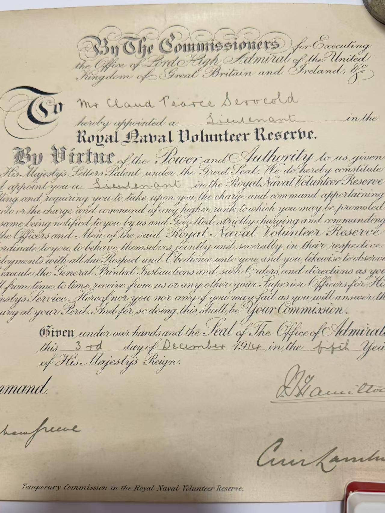 韵星假日精品2025秋季军品类拍卖会-- Rimey Holidays Boutique 2025 Autumn Militaria Sale 英国乔治五世亲签 大英帝国皇家海军志愿预备队中尉奥罗科德任命证书 并且带有军需部部长，海军上将亲签   
