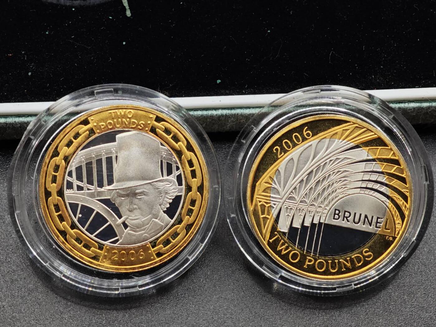 【淘币小摊】实时拍第七百九十五拍   银币套币场   满百包邮可预留二周 每周一统一发货   2006年英国2英镑2枚外圈镀金精制银币套 布鲁内尔（19世纪英国著名工程师）及其成就 2X12克925银 发行量2万 盒证全