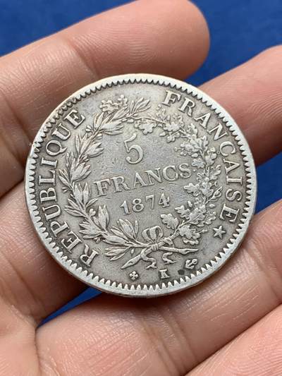 《竞宝斋》第437场 周日，周一2场连拍 （全场包邮） 法国1874年K版大力神5法郎银币