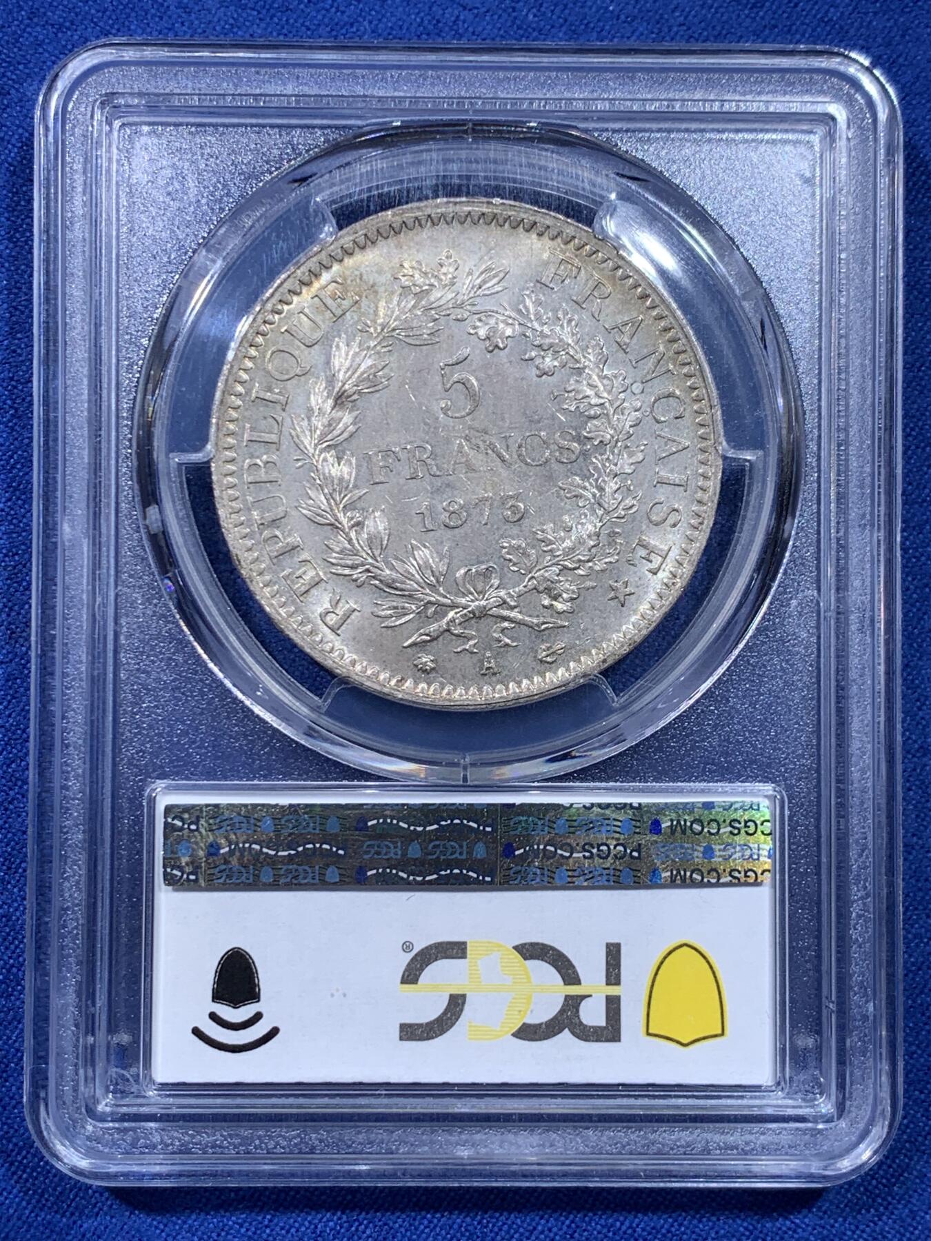 《竞宝斋》第437场 周日，周一2场连拍 （全场包邮） PCGS MS64 法国1873年大力神5法郎银币 原光