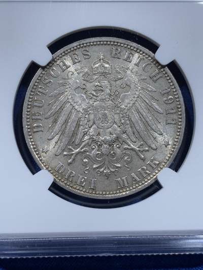 《竞宝斋》第437场 周日，周一2场连拍 （全场包邮） NGC MS63 德国巴伐利亚1911年D版利奥波德摄政王3马克银币