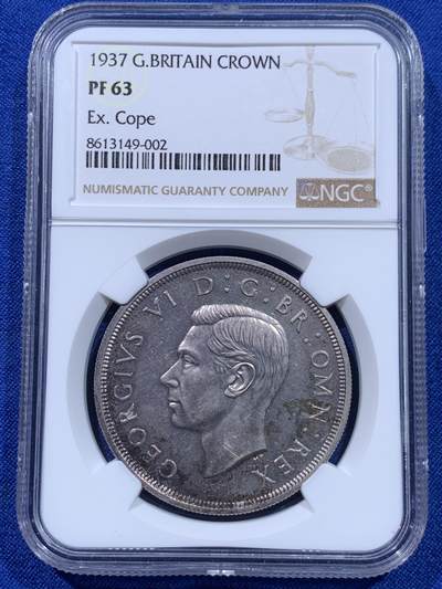 《竞宝斋》第437场 周日，周一2场连拍 （全场包邮） NGC PF63  Cope旧藏 英国1937年乔治六世精制1克朗，出自他的加冕套币。共发行26400套，双面包浆优美，高点略有磨损但是丝毫不掩精制风范。