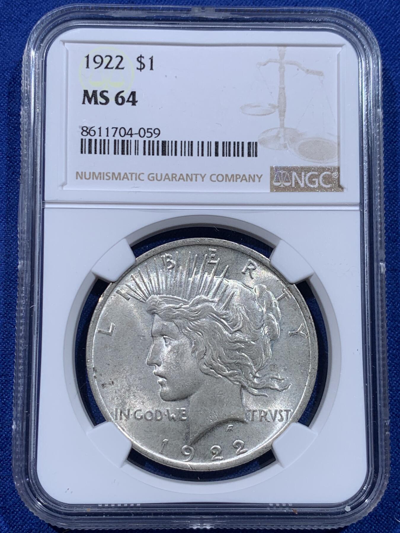 《竞宝斋》第437场 周日，周一2场连拍 （全场包邮） NGC MS64 美国1922年和平银币