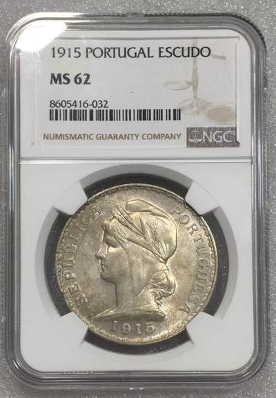 世界钱币专场拍卖 每周二开拍 - NGC MS62分1915年葡萄牙女神1埃斯库多银币