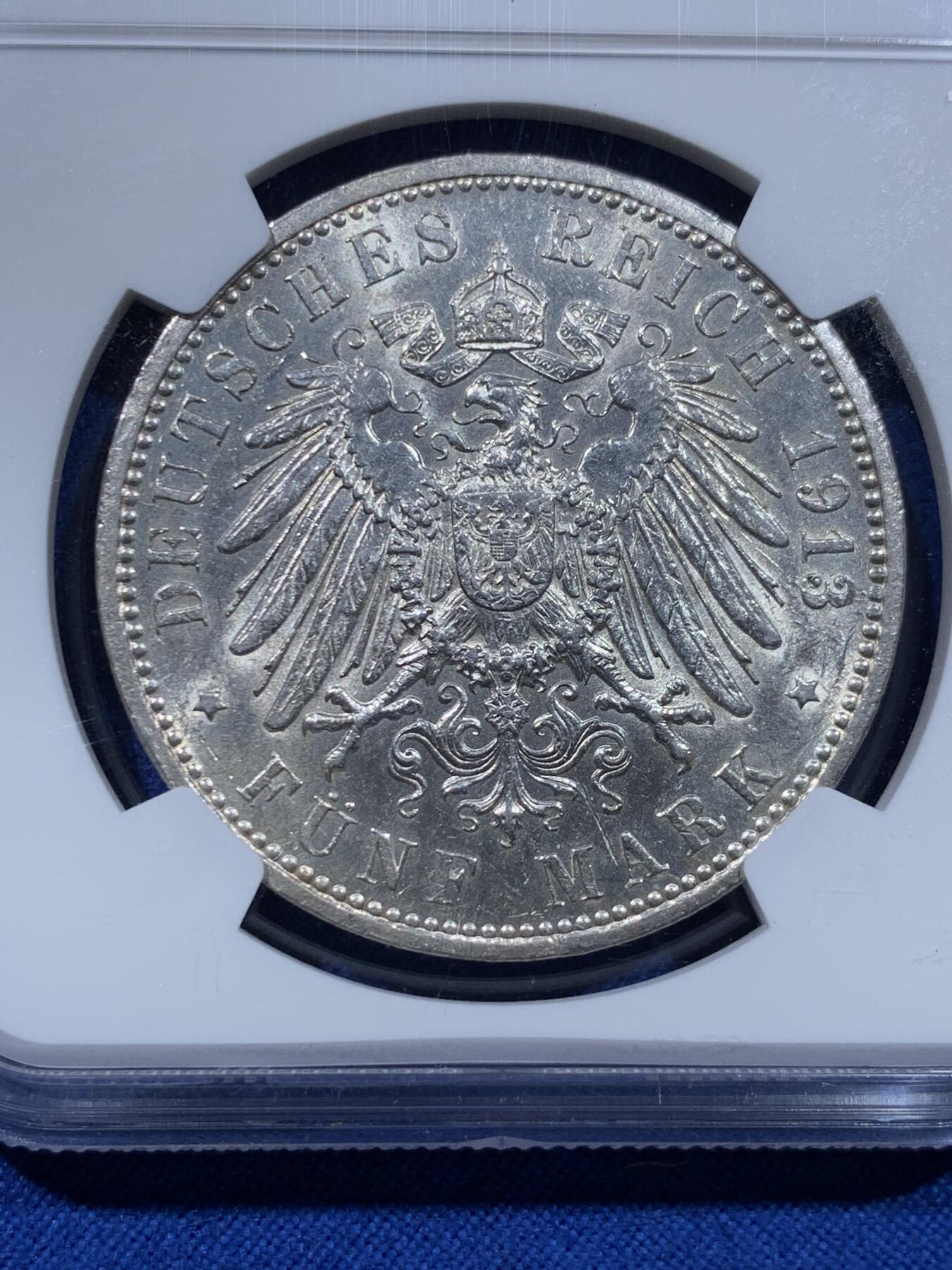 《竞宝斋》第437场 周日，周一2场连拍 （全场包邮） NGC MS62 德国 1913年 汉堡 5马克大银币 状态极佳