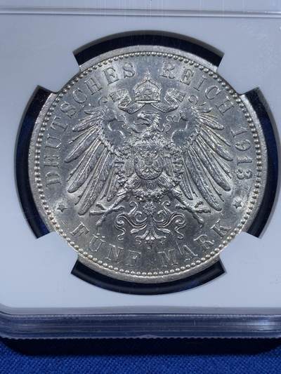 《竞宝斋》第437场 周日，周一2场连拍 （全场包邮） NGC MS62 德国 1913年 汉堡 5马克大银币 状态极佳