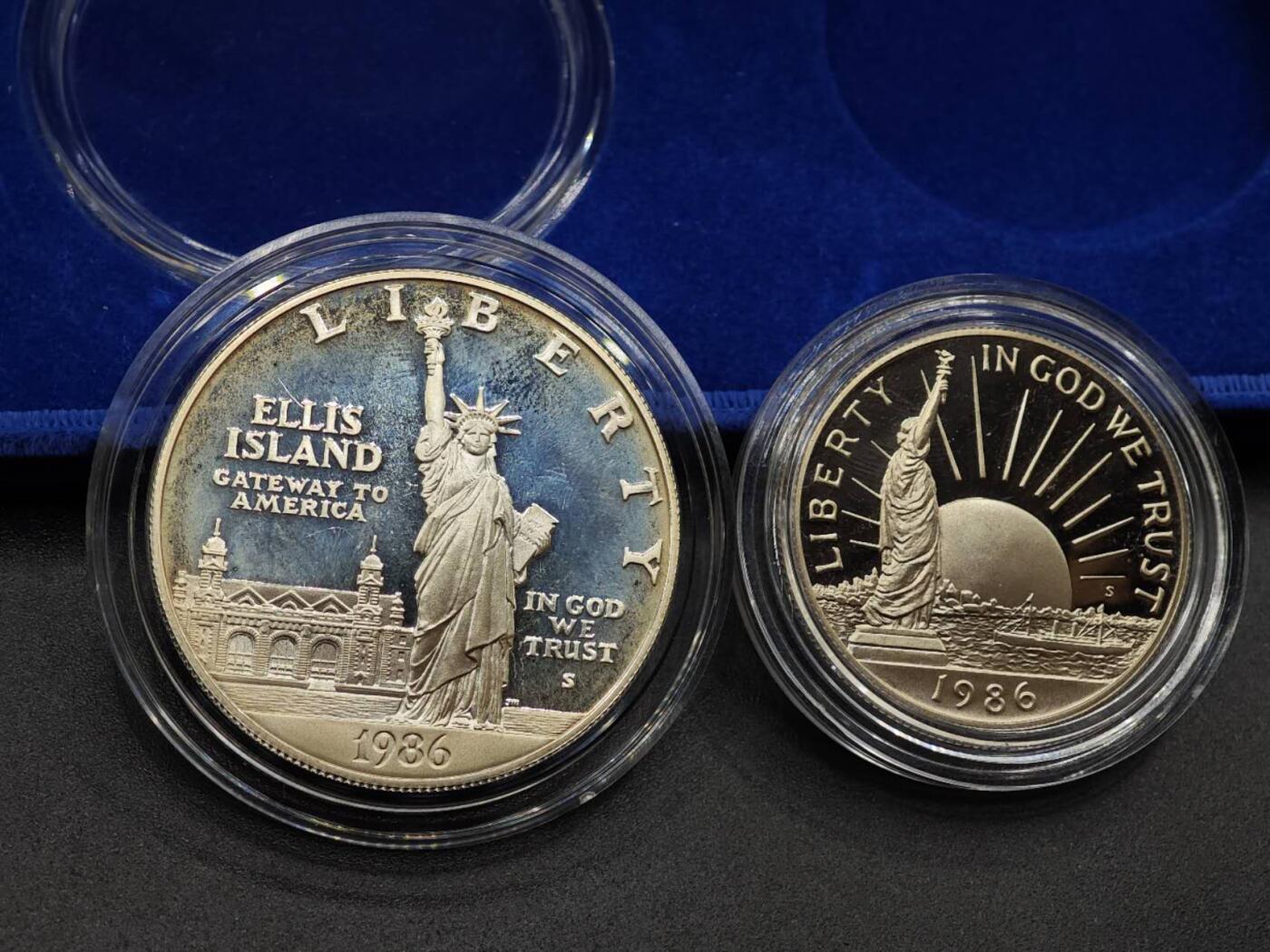 【淘币小摊】实时拍第七百九十五拍   银币套币场   满百包邮可预留二周 每周一统一发货   美国1986年自由女神纪念银币镍币套含一元银币26.7克900银 银价264