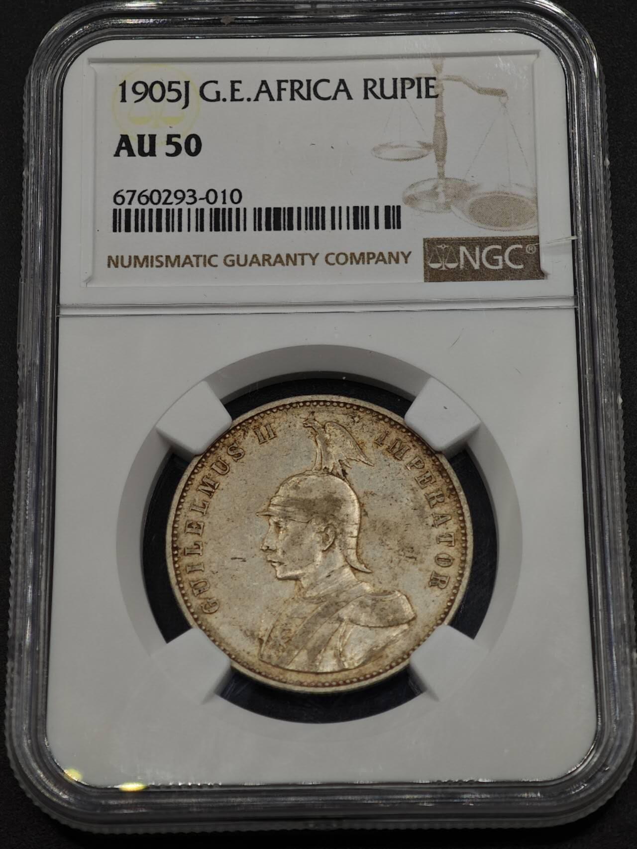 【淘币小摊】实时拍第七百九十五拍   银币套币场   满百包邮可预留二周 每周一统一发货   德属东非1905年1卢比银币NGC AU50