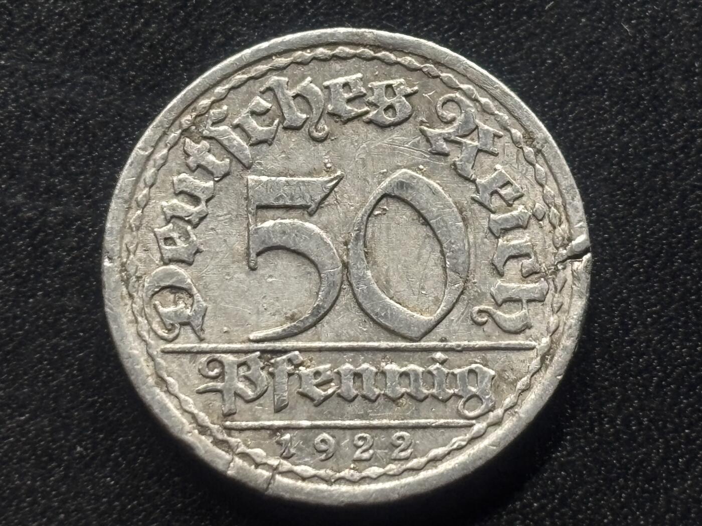 邮泉阁限时拍卖第三十五场 德国硬币专场（硬币在国外。请付邮费6元。） 德国魏玛共和国1922年50芬尼A版