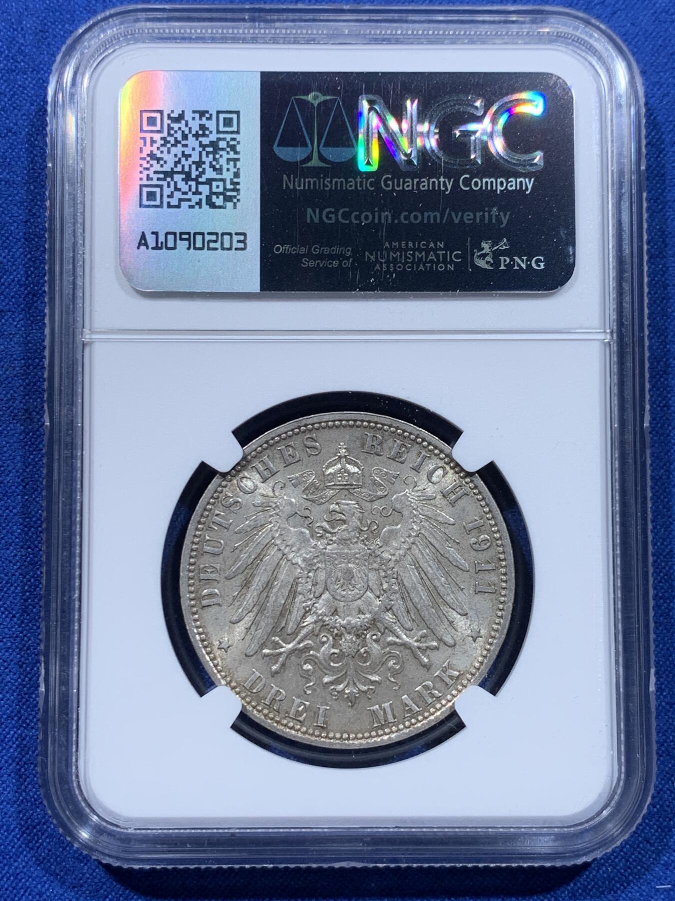 《竞宝斋》第437场 周日，周一2场连拍 （全场包邮） NGC MS63 德国巴伐利亚1911年D版利奥波德摄政王3马克银币