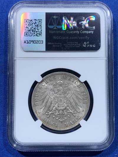 《竞宝斋》第437场 周日，周一2场连拍 （全场包邮） NGC MS63 德国巴伐利亚1911年D版利奥波德摄政王3马克银币