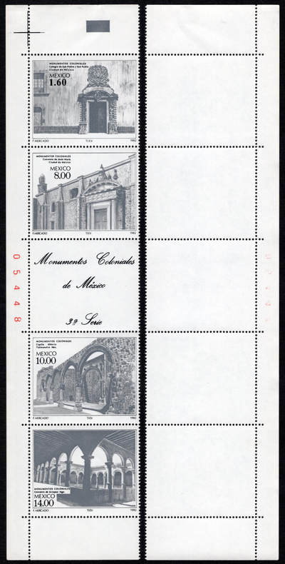 洪涛臻品批发群 精选邮票限时拍卖第1169期  - 墨西哥1982 殖民地纪念碑 红数字边+色标+十字线联票 全品!【2017标价$15美元】