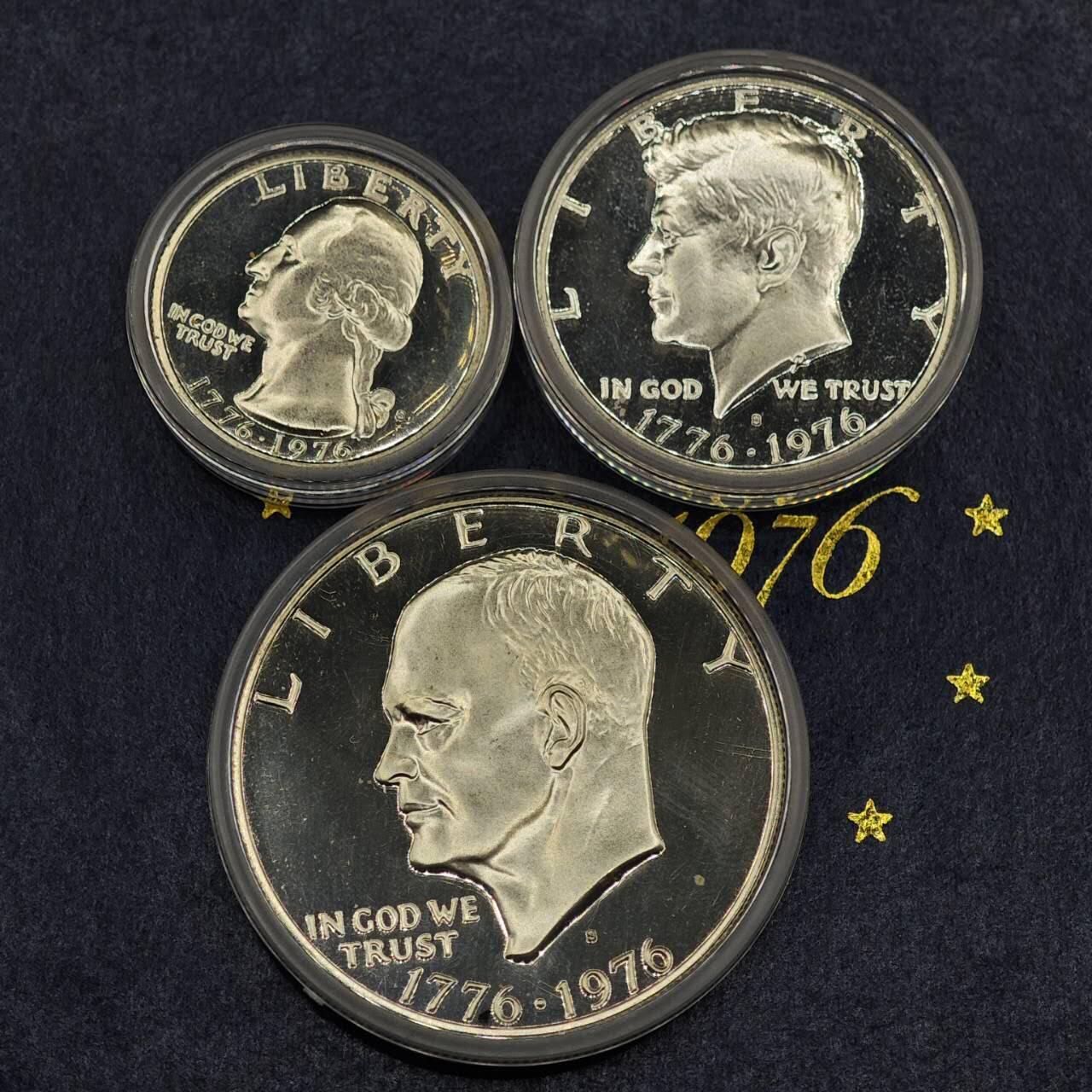 【淘币小摊】实时拍第七百九十五拍   银币套币场   满百包邮可预留二周 每周一统一发货   美国1976年建国200周年精制银币3枚套41.79克400银 纯银价184