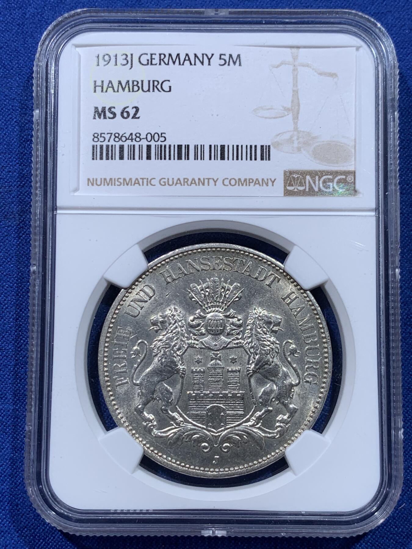 《竞宝斋》第437场 周日，周一2场连拍 （全场包邮） NGC MS62 德国 1913年 汉堡 5马克大银币 状态极佳