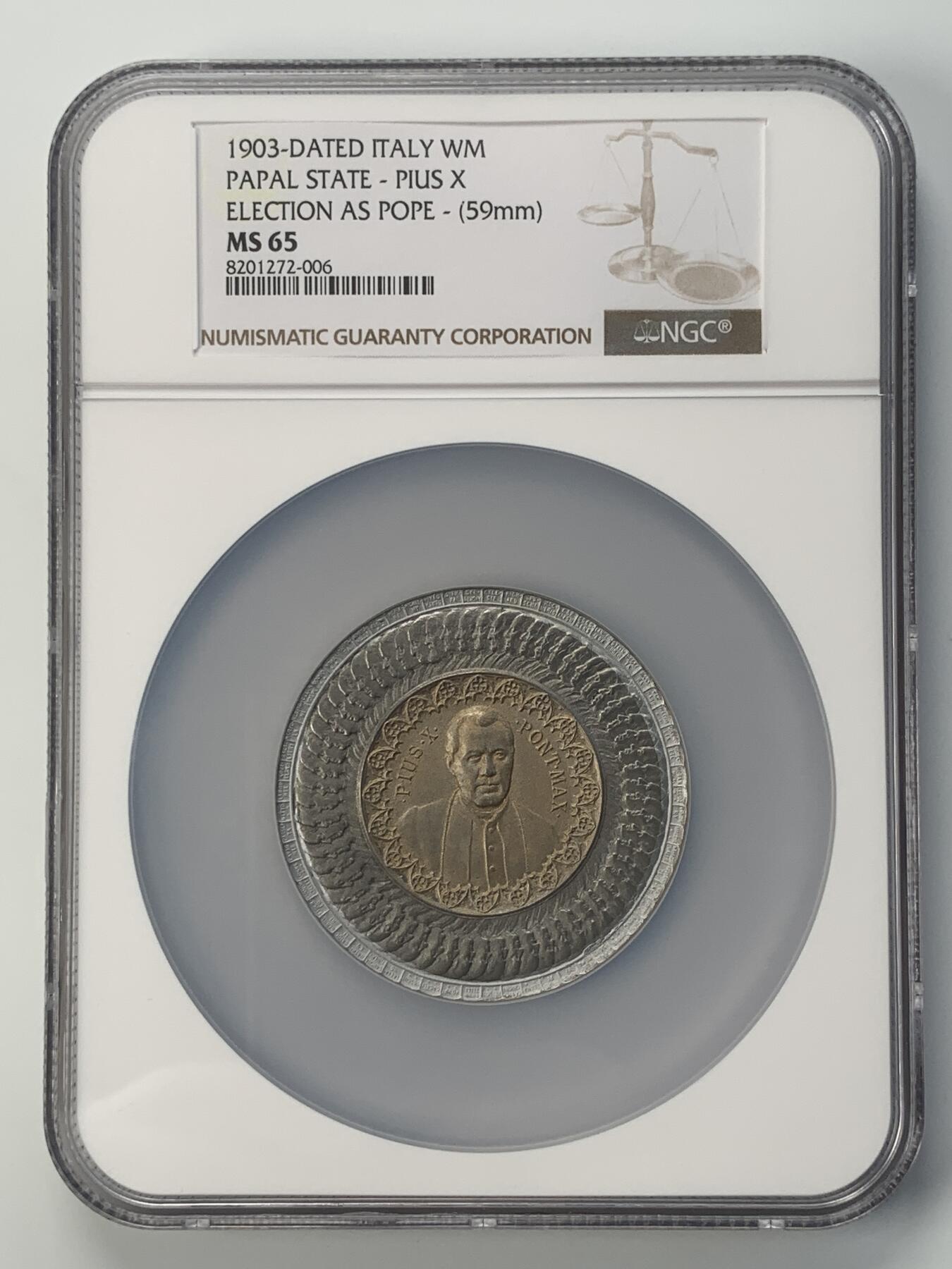 掌中浮雕-藏着的欧洲第041场 NGC MS65 : 1903年梵蒂冈教皇选举白色金属（局部镀金）纪念章，59mm