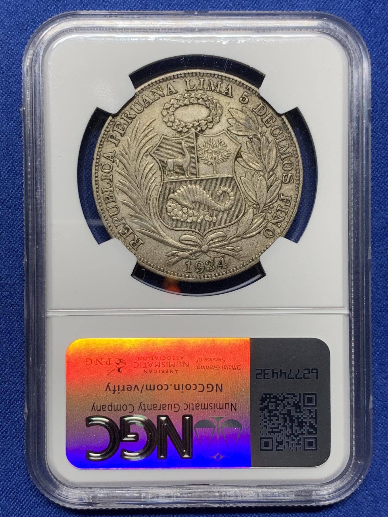 《竞宝斋》第437场 周日，周一2场连拍 （全场包邮） NGC AU50 秘鲁 1934年 女神 1索尔 银币 老包浆状态很舒服