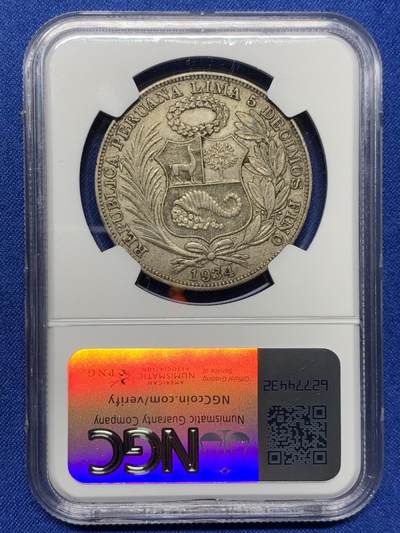 《竞宝斋》第437场 周日，周一2场连拍 （全场包邮） NGC AU50 秘鲁 1934年 女神 1索尔 银币 老包浆状态很舒服