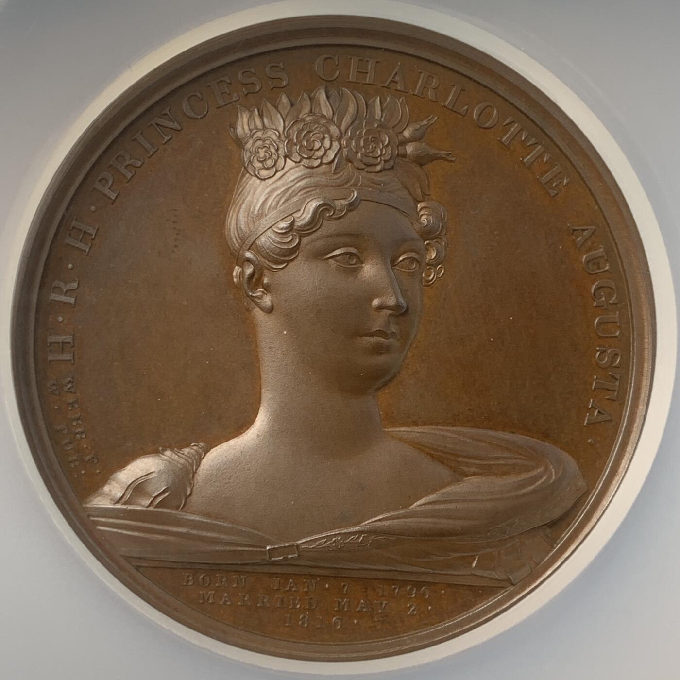 掌中浮雕-藏着的欧洲第041场 NGC MS64 : 1817年英国国王乔治四世唯一的孩子夏洛特公主去世纪念铜章，50mm