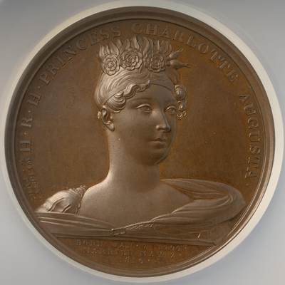 掌中浮雕-藏着的欧洲第041场 - NGC MS64 : 1817年英国国王乔治四世唯一的孩子夏洛特公主去世纪念铜章，50mm