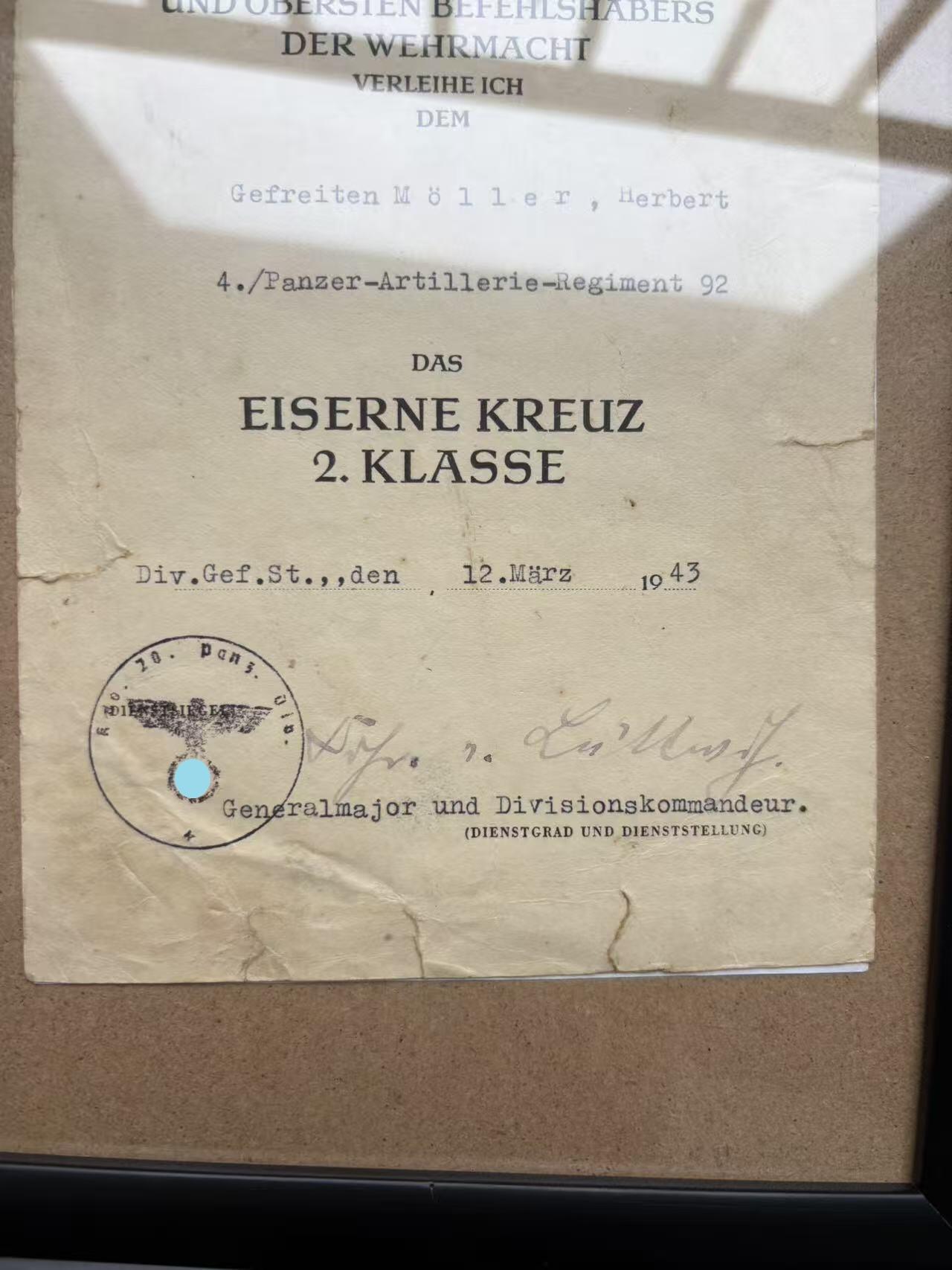 盛世勋华——号角文化勋章邮票专场拍卖第288期 德国（1939）二级铁十字勋章证书 授予第92装甲炮兵团赫伯特·莫勒下士 第20装甲师师长威廉·里特·冯·托马签名