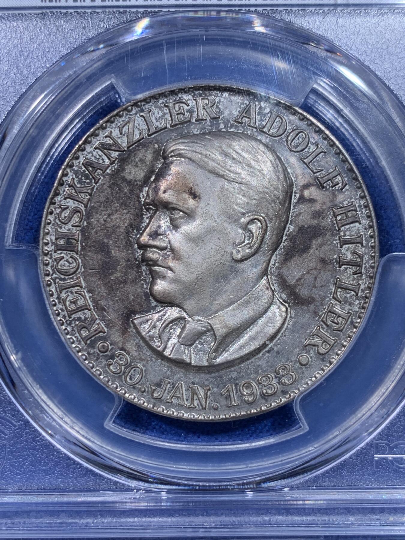 《竞宝斋》第437场 周日，周一2场连拍 （全场包邮） PCGS MS61 德国 1933年 民族社会主义工人党党魁通过《授权法》纪念镀银章 原味原光罕见品种