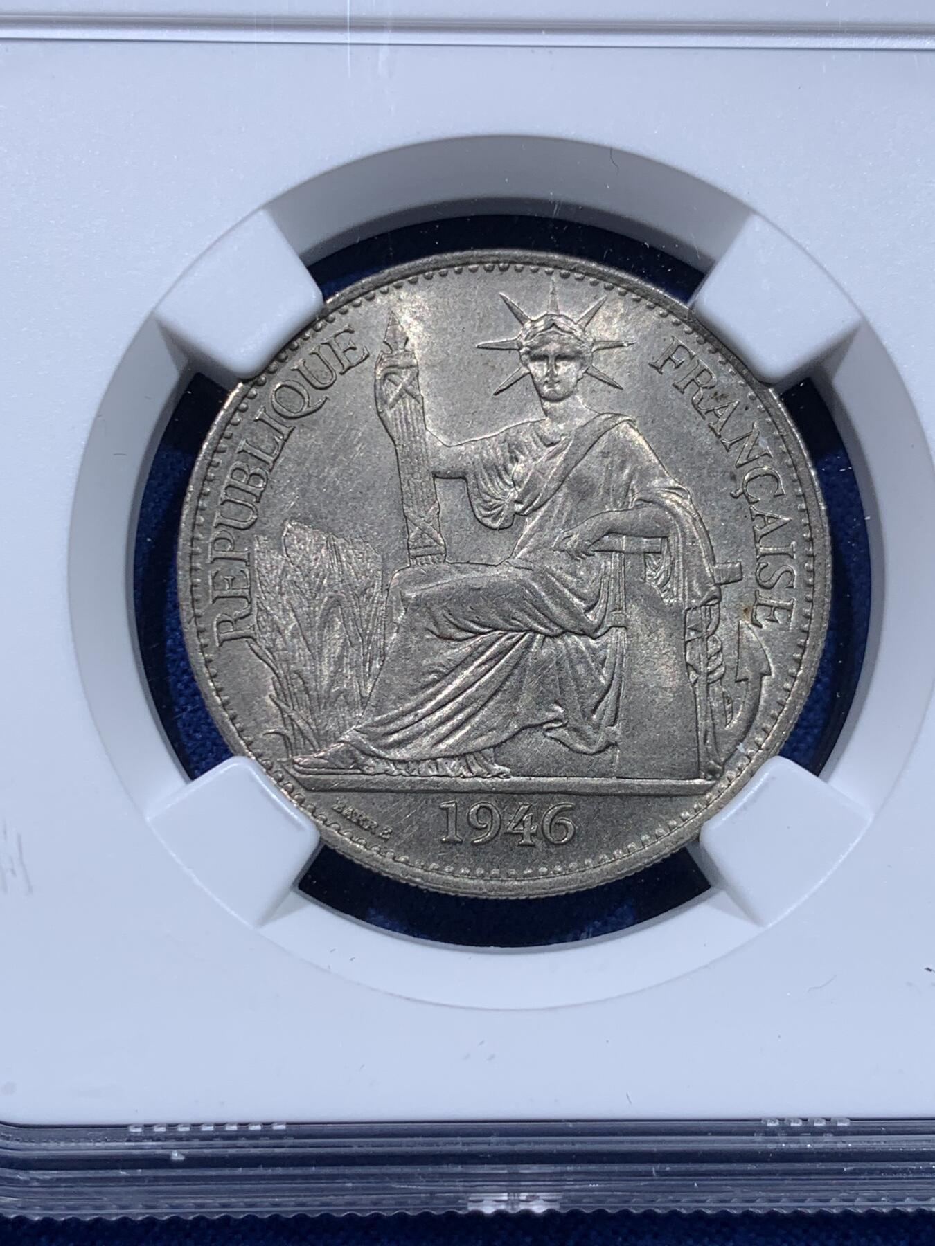 《竞宝斋》第437场 周日，周一2场连拍 （全场包邮） NGC MS62 法属印支1946年小坐洋女神50分