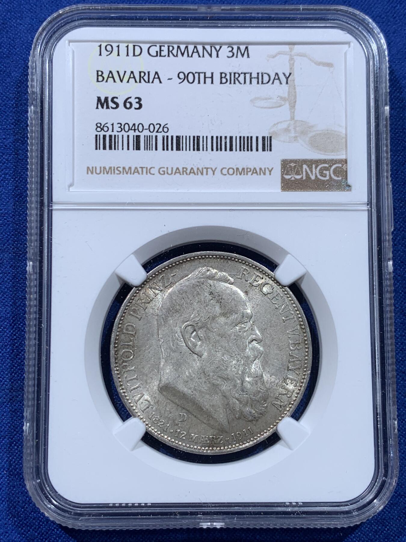 《竞宝斋》第437场 周日，周一2场连拍 （全场包邮） NGC MS63 德国巴伐利亚1911年D版利奥波德摄政王3马克银币