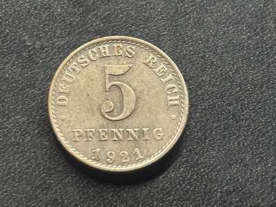 邮泉阁限时拍卖第三十五场 德国硬币专场（硬币在国外。请付邮费6元。） 德意志帝国1921年5芬尼A版