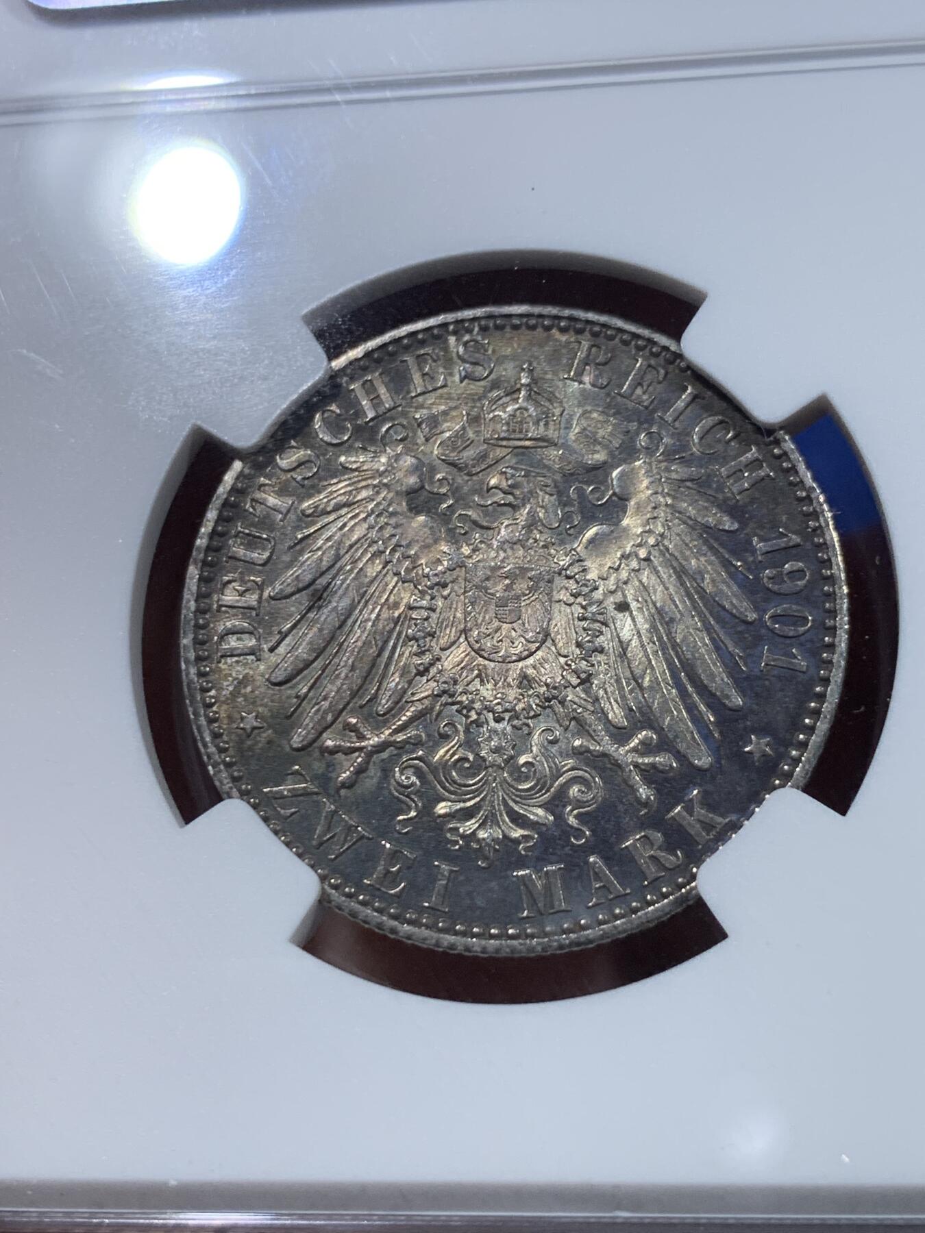 《竞宝斋》第437场 周日，周一2场连拍 （全场包邮） NGC MS62 德国 1901年 普鲁士建国纪念2马克银币