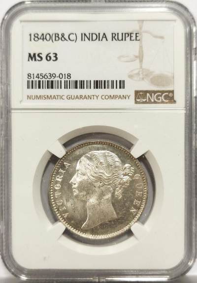 博洋堂世界钱币拍卖第146期（全场包邮） - NGC MS63 英属东印度公司1840年维多利亚双辫版1卢比银币