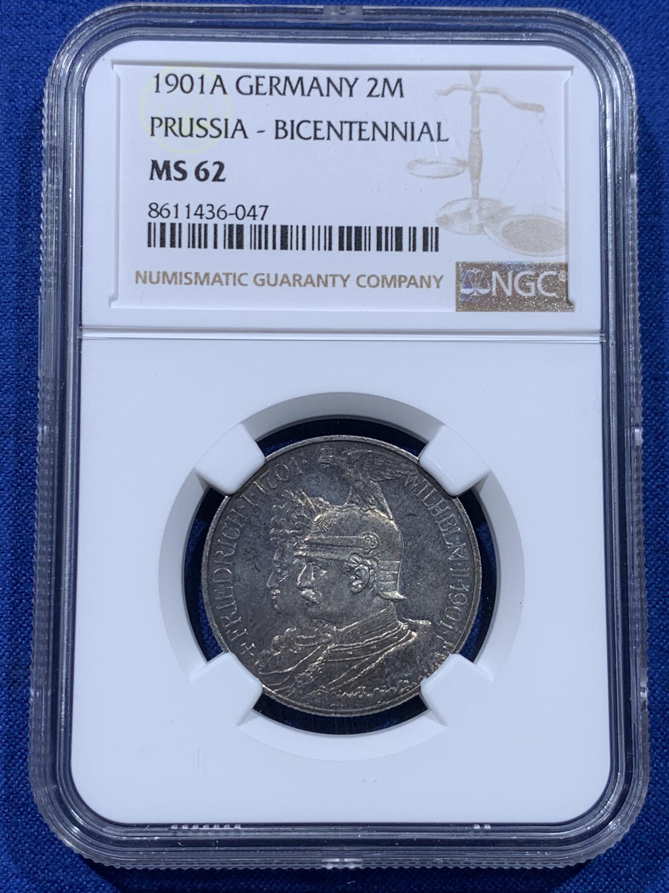 《竞宝斋》第437场 周日，周一2场连拍 （全场包邮） NGC MS62 德国 1901年 普鲁士建国纪念2马克银币