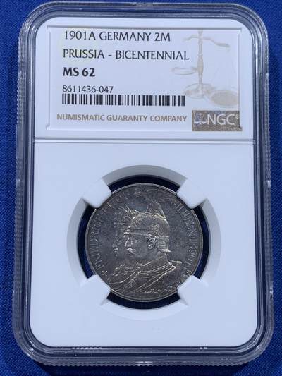 《竞宝斋》第437场 周日，周一2场连拍 （全场包邮） - NGC MS62 德国 1901年 普鲁士建国纪念2马克银币
