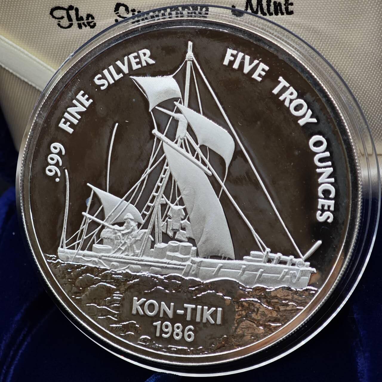 【淘币小摊】实时拍第七百九十五拍   银币套币场   满百包邮可预留二周 每周一统一发货   西萨摩亚1986年“康提基”号帆船25塔拉银币5盎司精制银币1988年克劳斯最具艺术币 银价1711